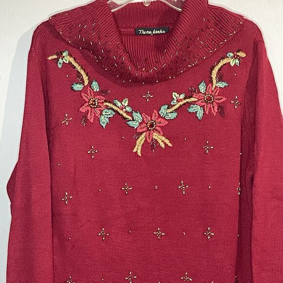 Theme Works Kikit Christmas Sweater Red Beaded Poinsettia Embroidered Size Large - Picture 5 of 8